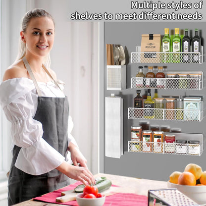 Magnetic Spice Rack for Refrigerator, Metal Magnetic Shelf Black, Moveable Spice Organizer with Hooks, Super Magnetic Fridge Shelf for Kitchen Organization and Storage