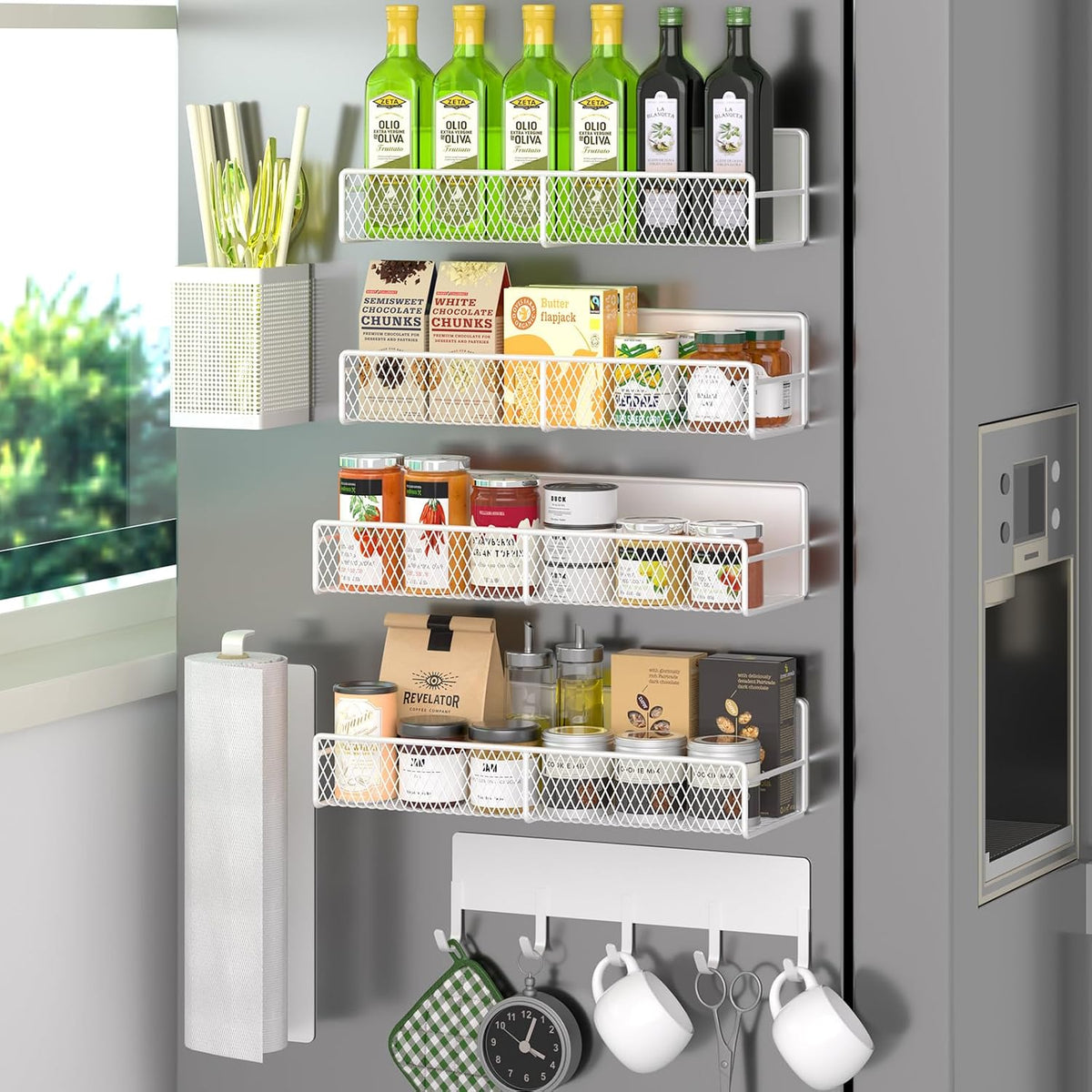 Magnetic Spice Rack for Refrigerator, Metal Magnetic Shelf Black, Moveable Spice Organizer with Hooks, Super Magnetic Fridge Shelf for Kitchen Organization and Storage