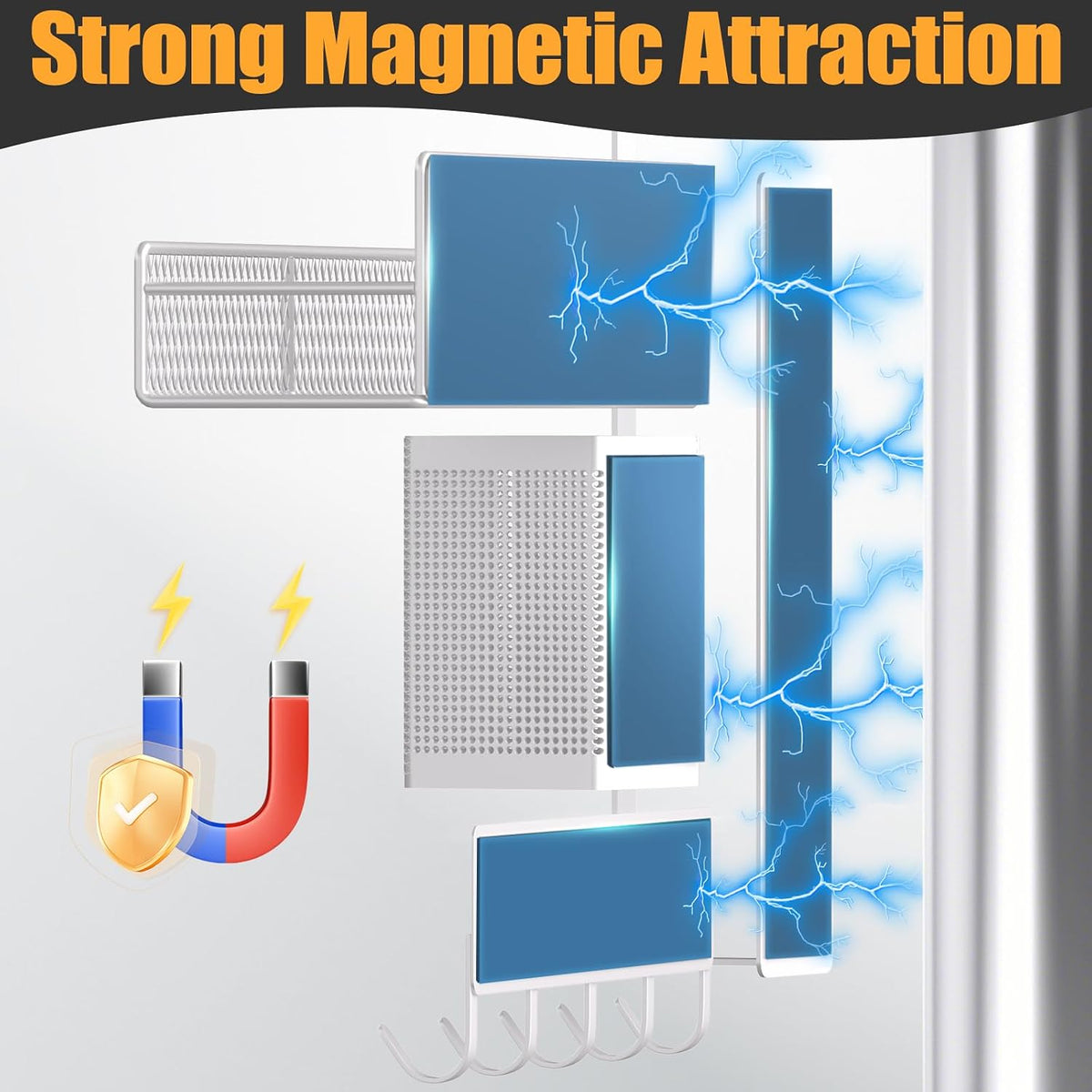 Magnetic Spice Rack for Refrigerator, Metal Magnetic Shelf Black, Moveable Spice Organizer with Hooks, Super Magnetic Fridge Shelf for Kitchen Organization and Storage