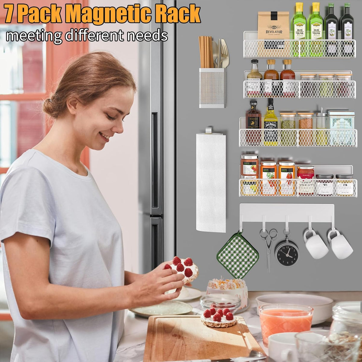 Magnetic Spice Rack for Refrigerator, Metal Magnetic Shelf Black, Moveable Spice Organizer with Hooks, Super Magnetic Fridge Shelf for Kitchen Organization and Storage