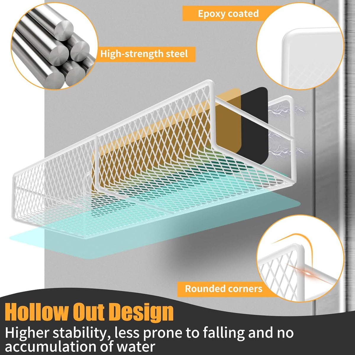 Magnetic Spice Rack for Refrigerator, Metal Magnetic Shelf Black, Moveable Spice Organizer with Hooks, Super Magnetic Fridge Shelf for Kitchen Organization and Storage