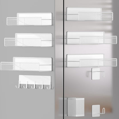 Magnetic Spice Rack for Refrigerator, Metal Magnetic Shelf Black, Moveable Spice Organizer with Hooks, Super Magnetic Fridge Shelf for Kitchen Organization and Storage