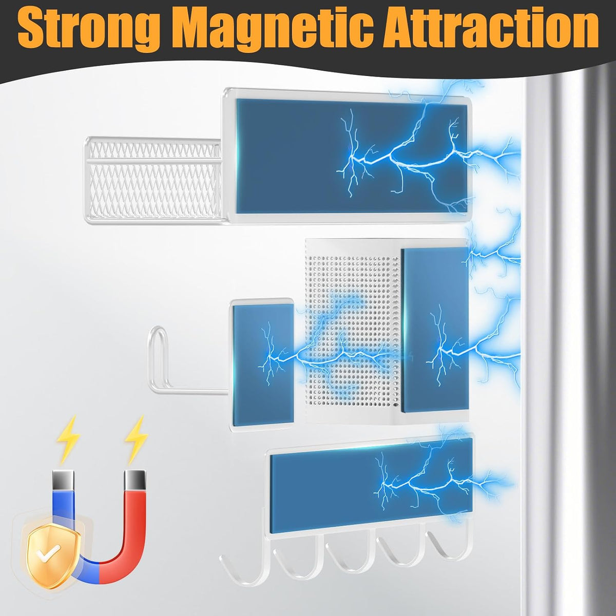 Magnetic Spice Rack for Refrigerator, Metal Magnetic Shelf Black, Moveable Spice Organizer with Hooks, Super Magnetic Fridge Shelf for Kitchen Organization and Storage