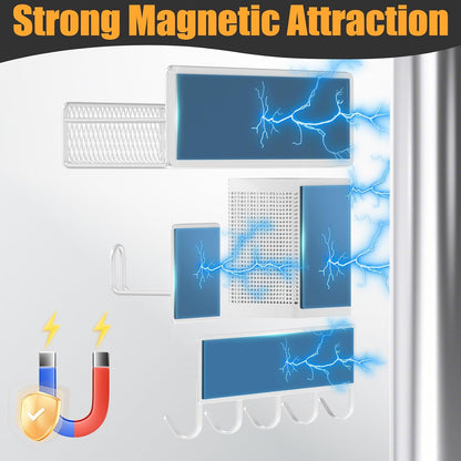 Magnetic Spice Rack for Refrigerator, Metal Magnetic Shelf Black, Moveable Spice Organizer with Hooks, Super Magnetic Fridge Shelf for Kitchen Organization and Storage