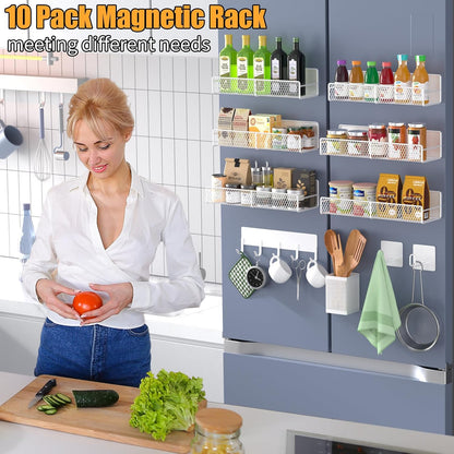 Magnetic Spice Rack for Refrigerator, Metal Magnetic Shelf Black, Moveable Spice Organizer with Hooks, Super Magnetic Fridge Shelf for Kitchen Organization and Storage