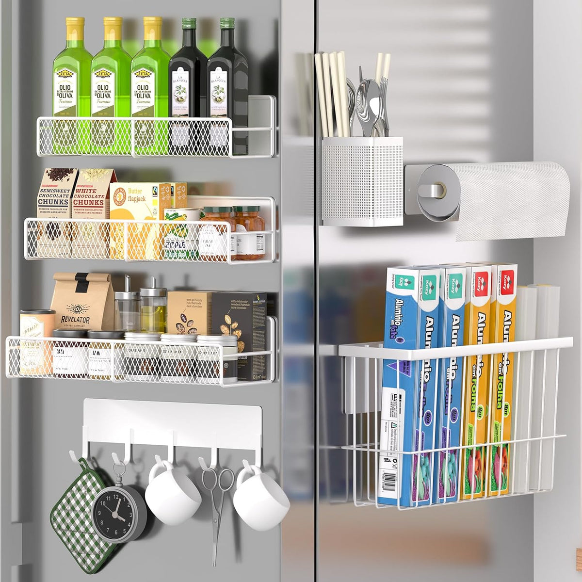 Magnetic Spice Rack for Refrigerator, Metal Magnetic Shelf Black, Moveable Spice Organizer with Hooks, Super Magnetic Fridge Shelf for Kitchen Organization and Storage