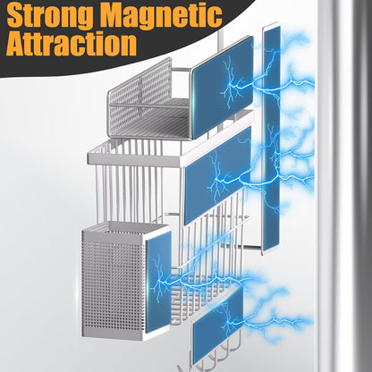 Magnetic Spice Rack for Refrigerator, Metal Magnetic Shelf Black, Moveable Spice Organizer with Hooks, Super Magnetic Fridge Shelf for Kitchen Organization and Storage