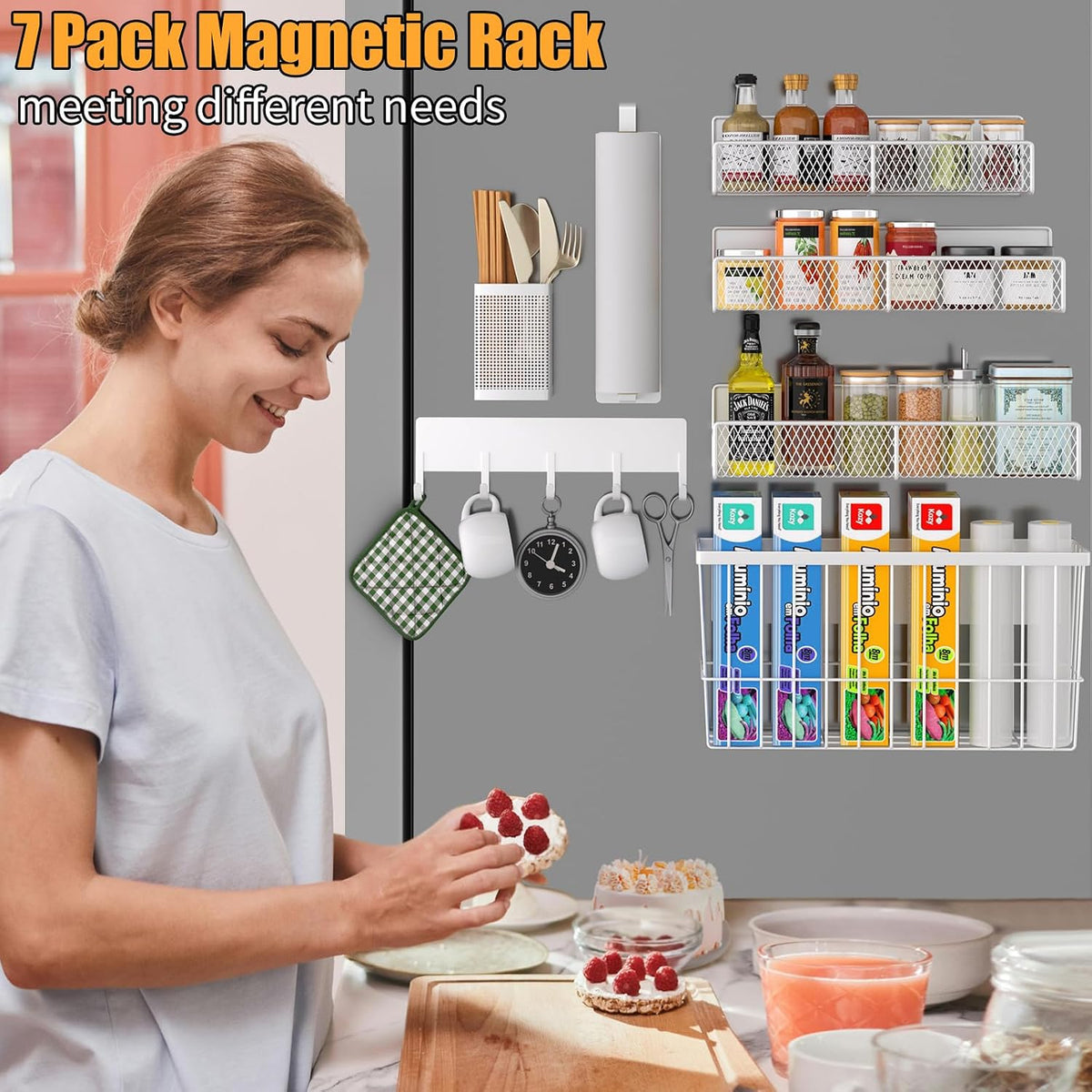 Magnetic Spice Rack for Refrigerator, Metal Magnetic Shelf Black, Moveable Spice Organizer with Hooks, Super Magnetic Fridge Shelf for Kitchen Organization and Storage