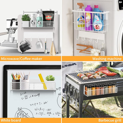 Magnetic Spice Rack for Refrigerator, Metal Magnetic Shelf Black, Moveable Spice Organizer with Hooks, Super Magnetic Fridge Shelf for Kitchen Organization and Storage