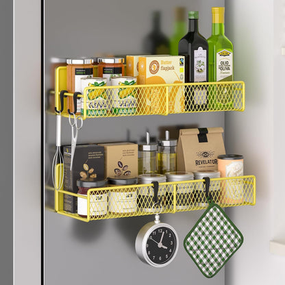 Magnetic Spice Rack for Refrigerator, Metal Magnetic Shelf Black, Moveable Spice Organizer with Hooks, Super Magnetic Fridge Shelf for Kitchen Organization and Storage