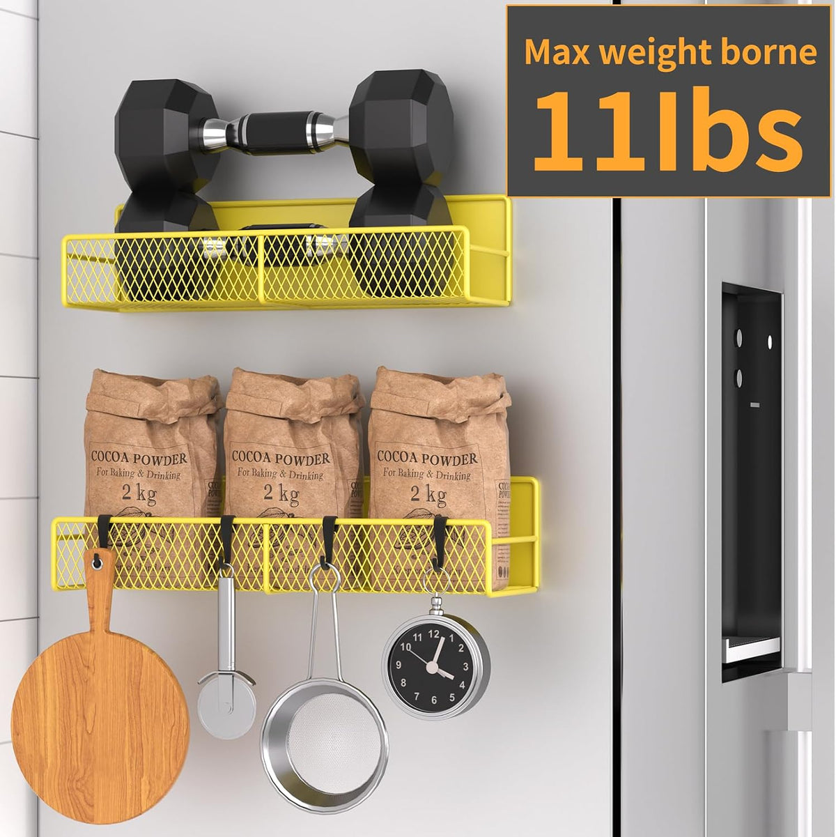 Magnetic Spice Rack for Refrigerator, Metal Magnetic Shelf Black, Moveable Spice Organizer with Hooks, Super Magnetic Fridge Shelf for Kitchen Organization and Storage