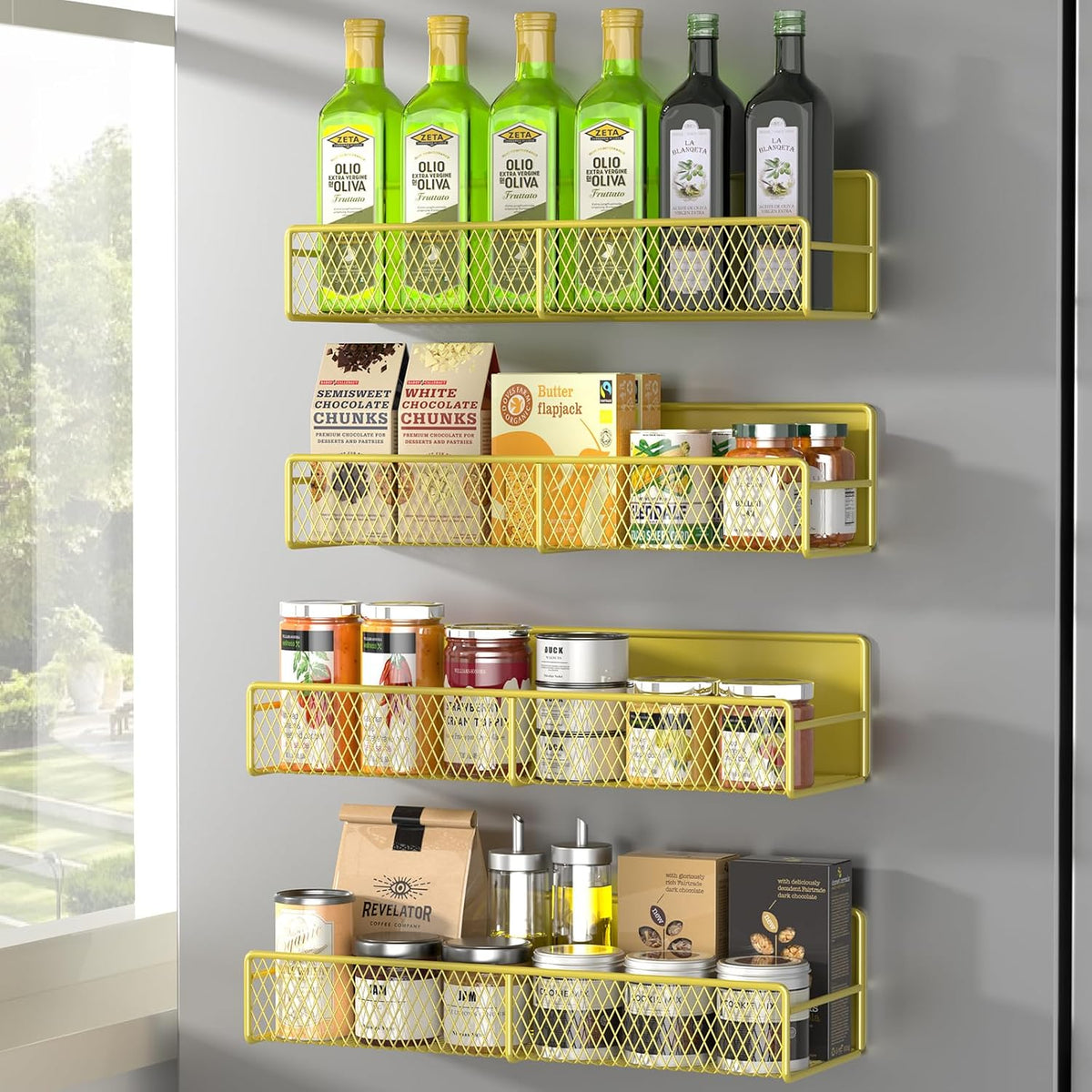 Magnetic Spice Rack for Refrigerator, Metal Magnetic Shelf Black, Moveable Spice Organizer with Hooks, Super Magnetic Fridge Shelf for Kitchen Organization and Storage