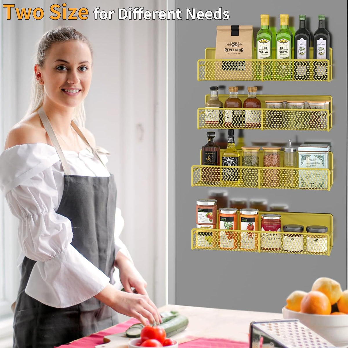 Magnetic Spice Rack for Refrigerator, Metal Magnetic Shelf Black, Moveable Spice Organizer with Hooks, Super Magnetic Fridge Shelf for Kitchen Organization and Storage