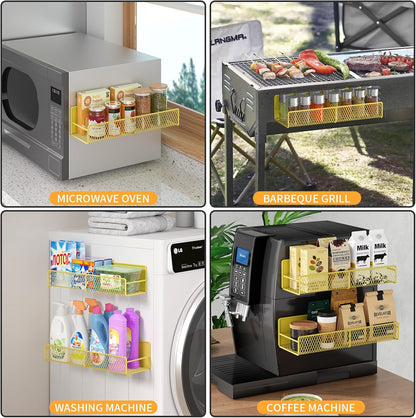 Magnetic Spice Rack for Refrigerator, Metal Magnetic Shelf Black, Moveable Spice Organizer with Hooks, Super Magnetic Fridge Shelf for Kitchen Organization and Storage