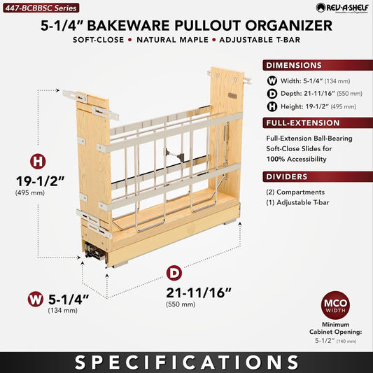 Pullout Bakeware Organizer w/Soft-Close, Min Opening 5.5" Wide | Wooden Storage Organization w/ Ball Bearing Slides, Full Height Base Kitchen Cabinets, Foil Wrap/Tray Divider, 447-BCBBSC-5C