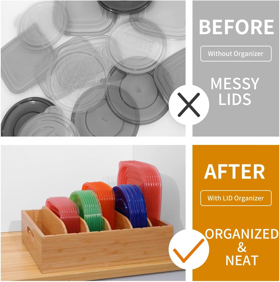 Bamboo Lid Holder Food Container, Kitchen Organizer with 5 Adjustable Dividers, Cabinet Organizer for Food, Kitchen Gadget, Container Lids (2pcs)