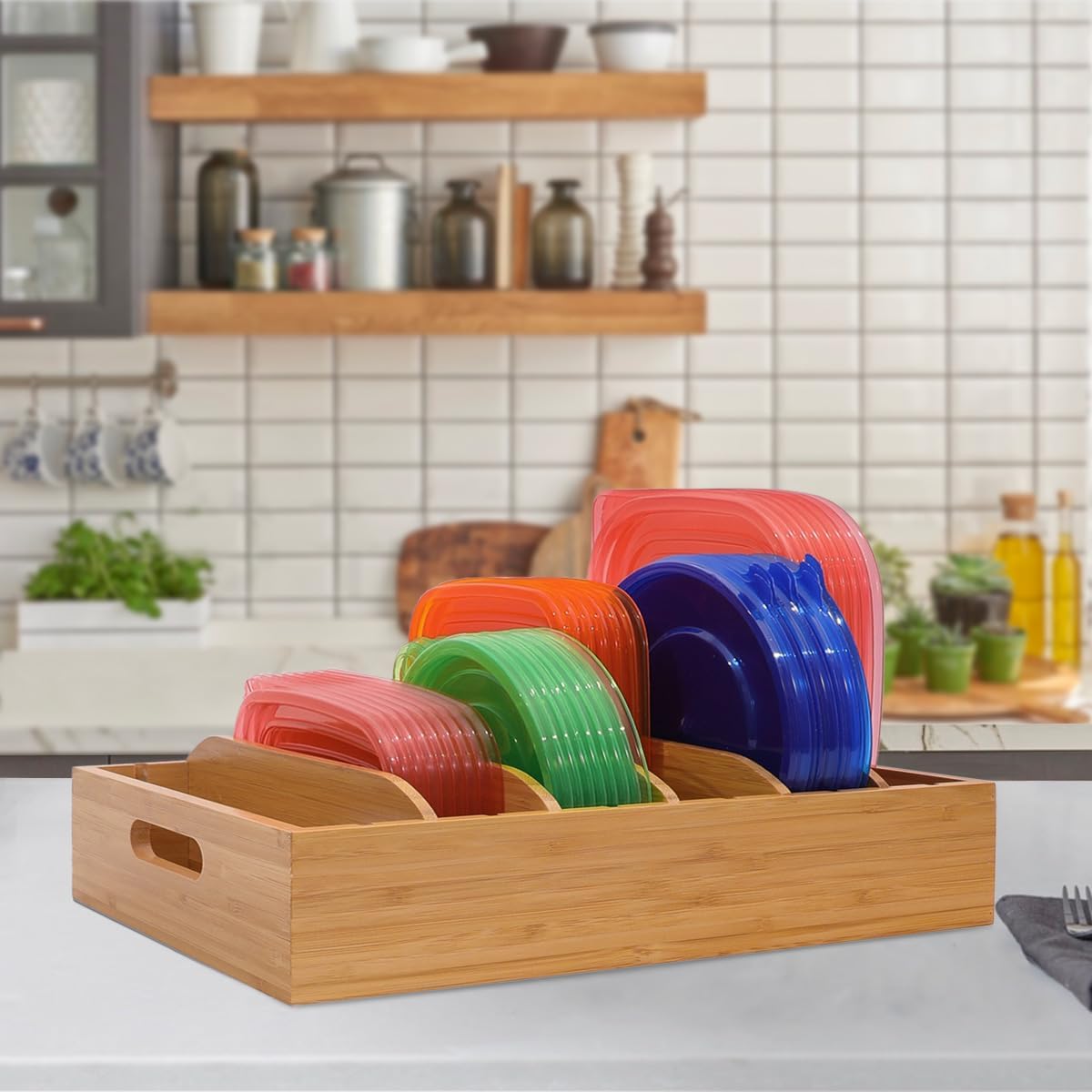 Bamboo Lid Holder Food Container, Kitchen Organizer with 5 Adjustable Dividers, Cabinet Organizer for Food, Kitchen Gadget, Container Lids (2pcs)