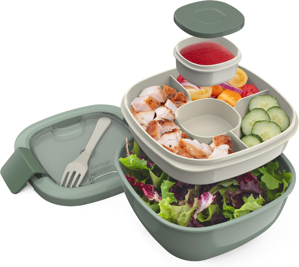 Salad Container, Lunch Bowl with 4-Compartment Toppings Tray, 54 oz
