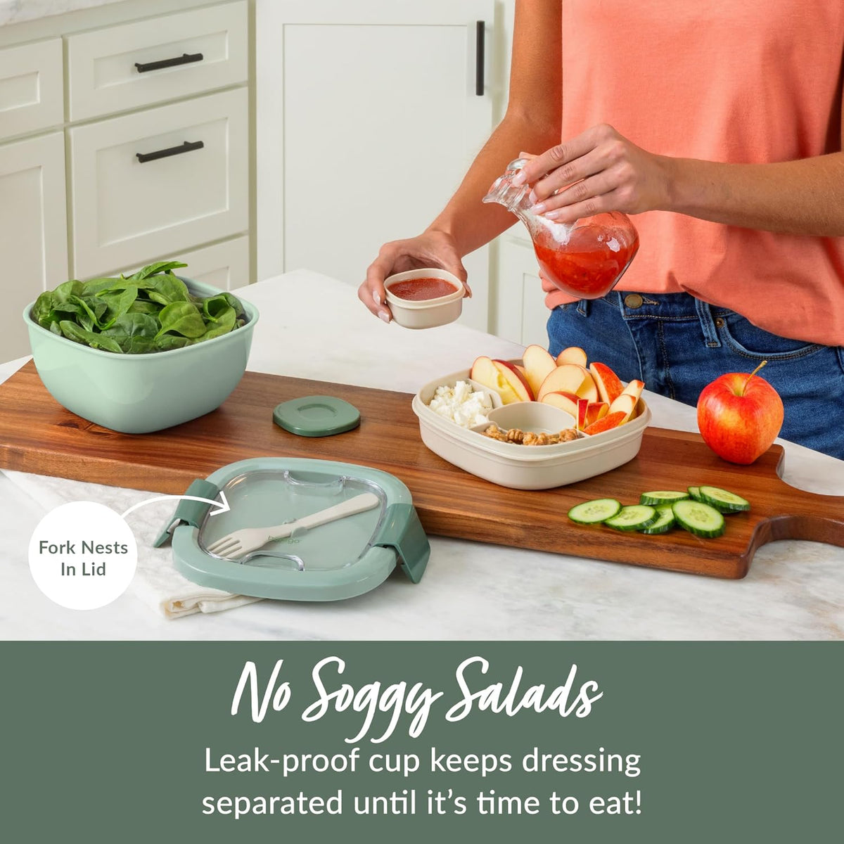 Salad Container, Lunch Bowl with 4-Compartment Toppings Tray, 54 oz