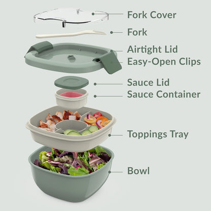 Salad Container, Lunch Bowl with 4-Compartment Toppings Tray, 54 oz