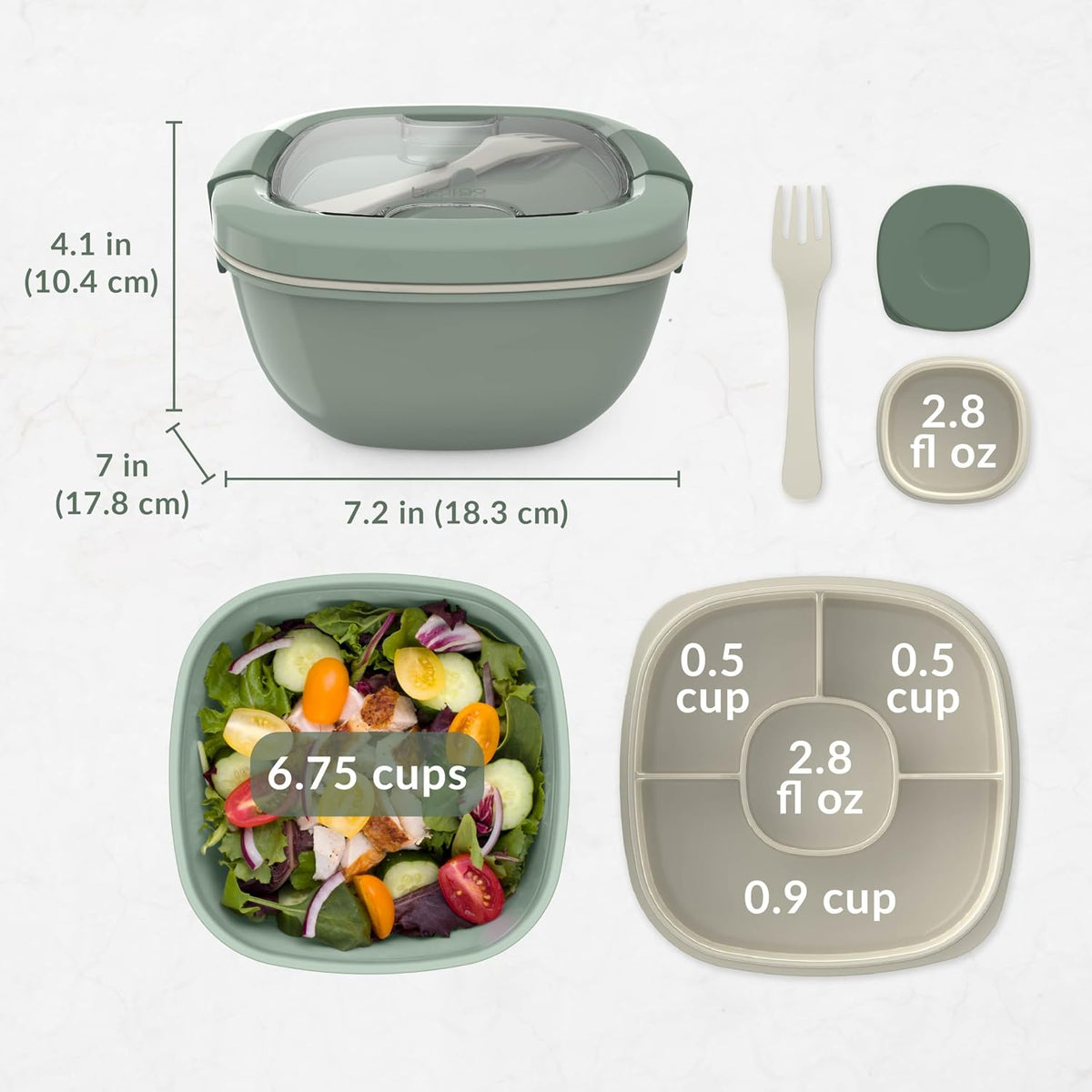 Salad Container, Lunch Bowl with 4-Compartment Toppings Tray, 54 oz