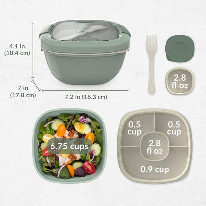 Salad Container, Lunch Bowl with 4-Compartment Toppings Tray, 54 oz