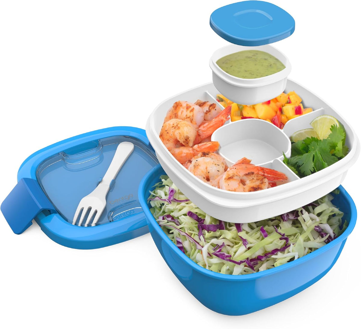 Salad Container, Lunch Bowl with 4-Compartment Toppings Tray, 54 oz