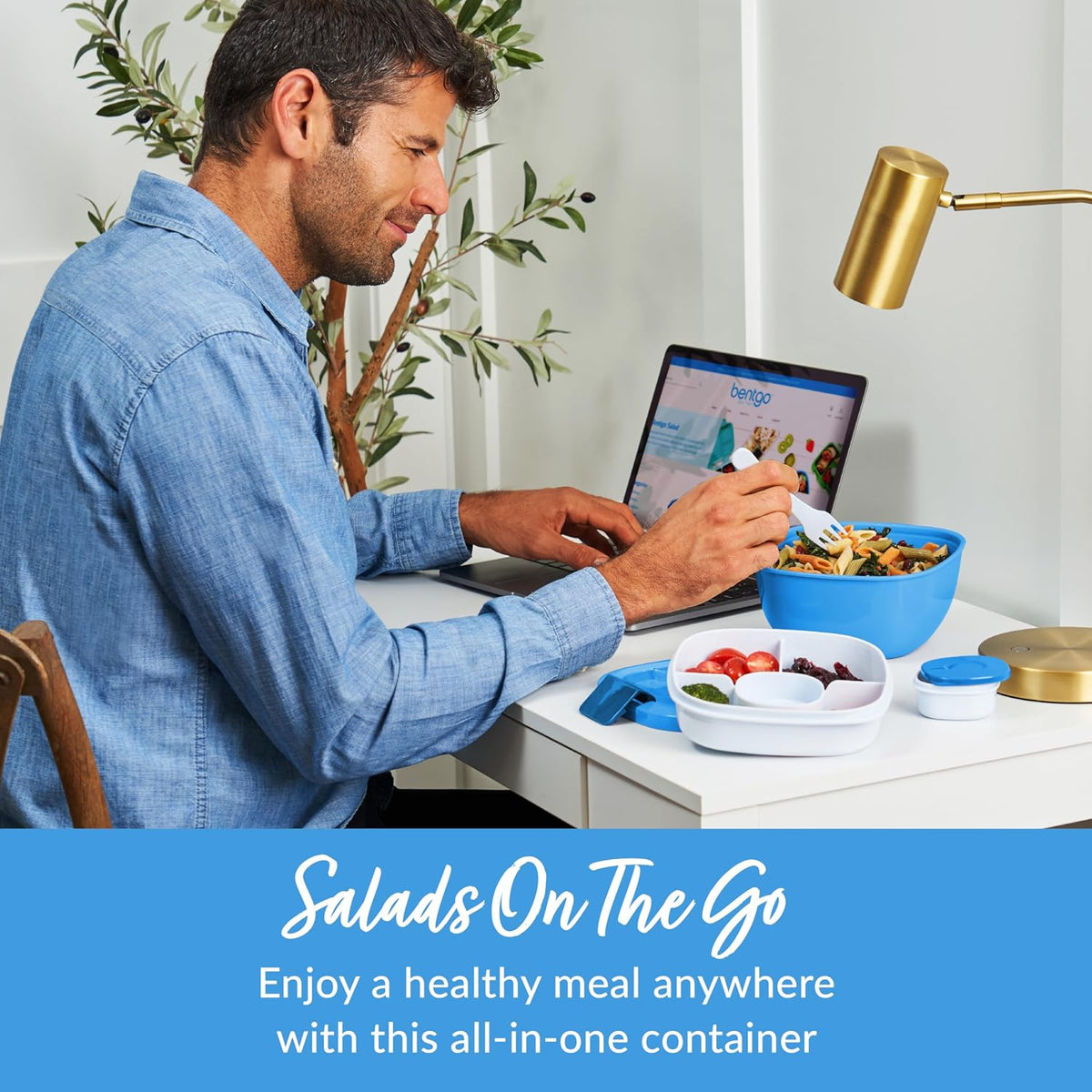 Salad Container, Lunch Bowl with 4-Compartment Toppings Tray, 54 oz