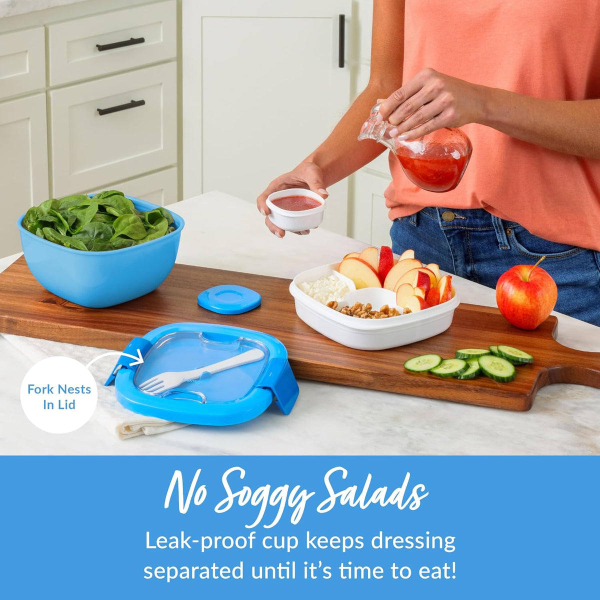 Salad Container, Lunch Bowl with 4-Compartment Toppings Tray, 54 oz