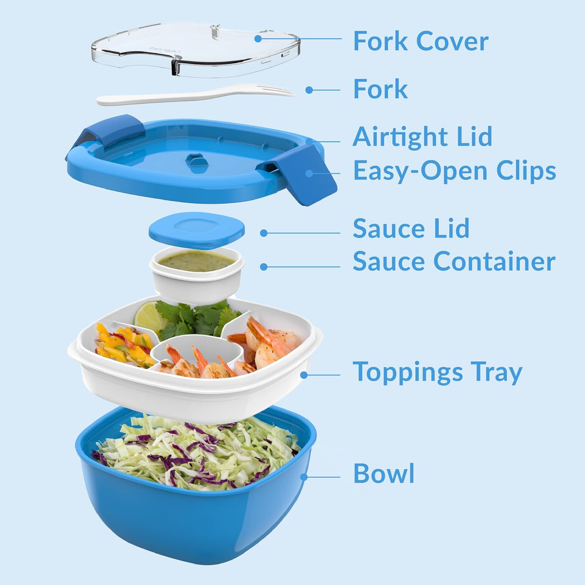 Salad Container, Lunch Bowl with 4-Compartment Toppings Tray, 54 oz
