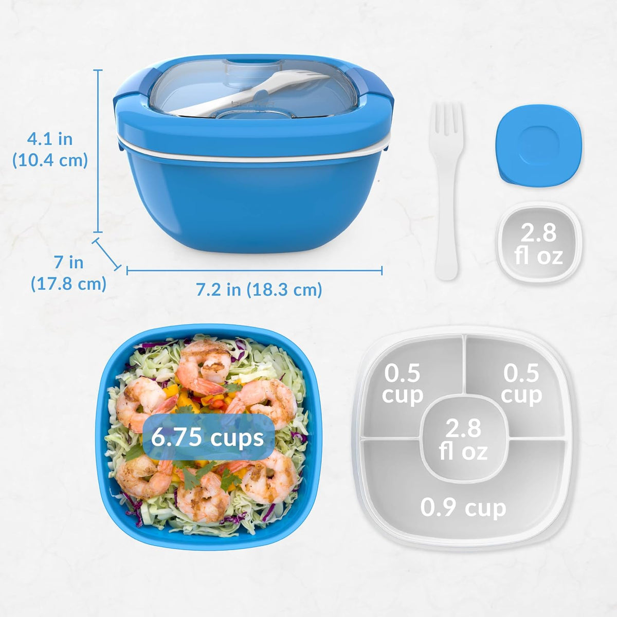 Salad Container, Lunch Bowl with 4-Compartment Toppings Tray, 54 oz