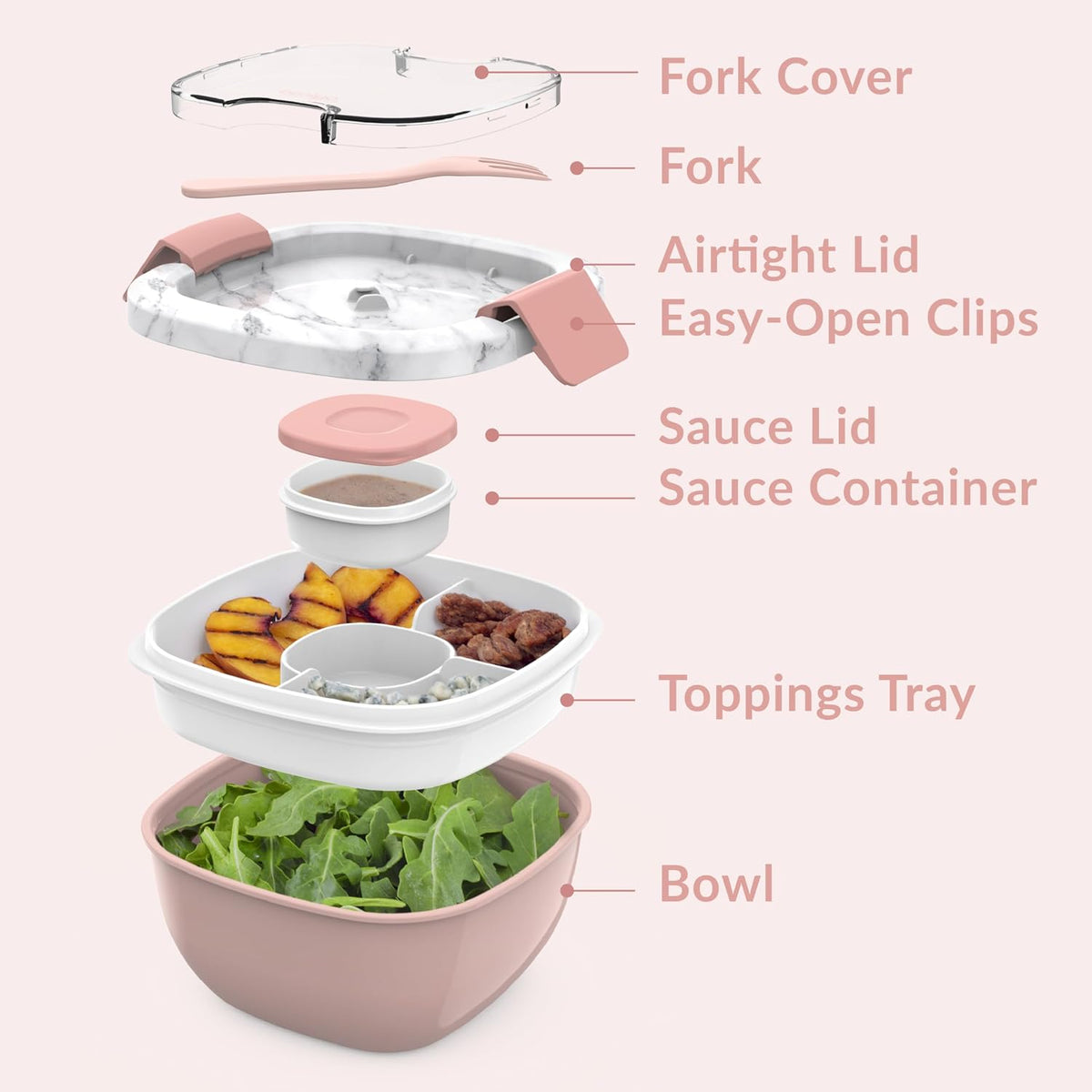 Salad Container, Lunch Bowl with 4-Compartment Toppings Tray, 54 oz