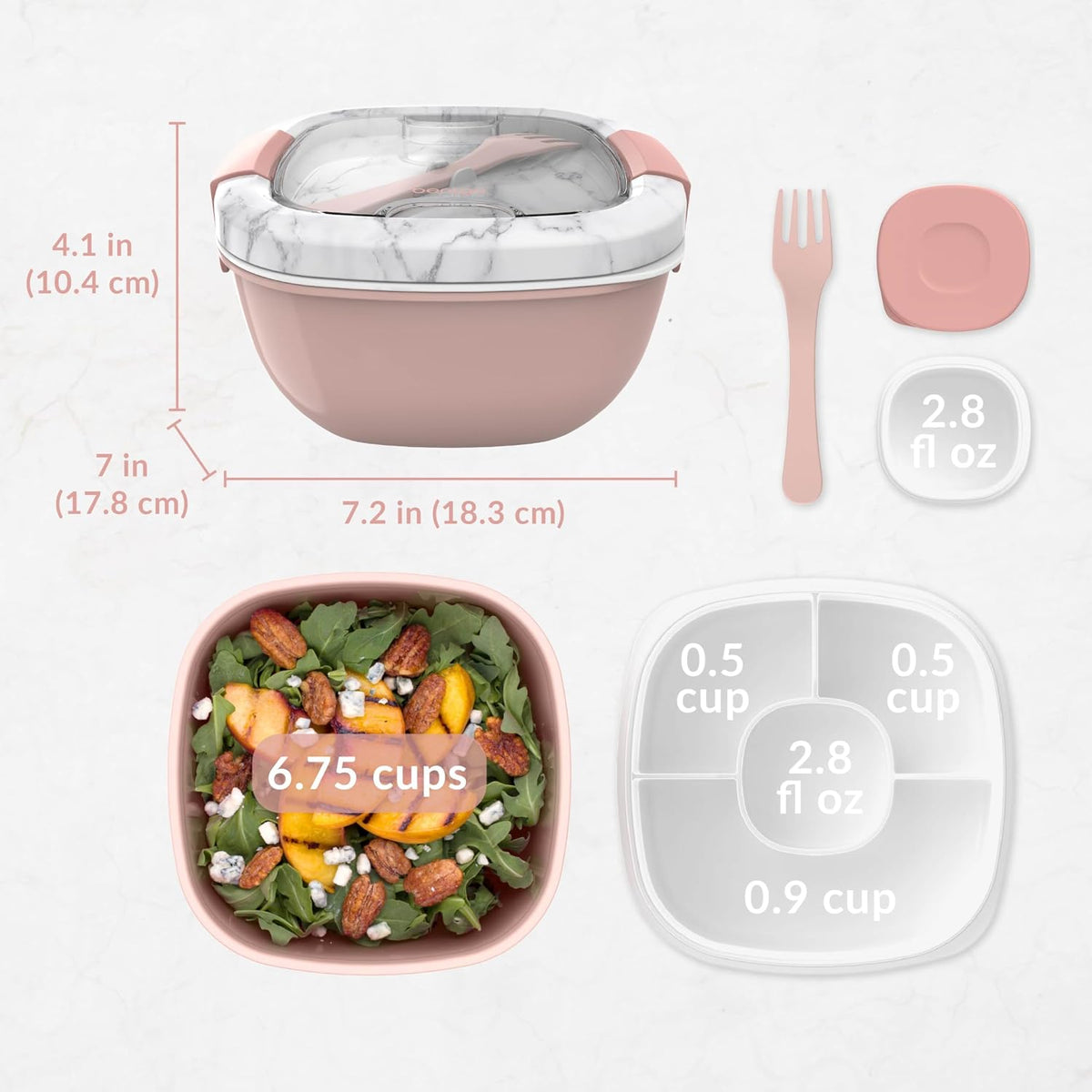 Salad Container, Lunch Bowl with 4-Compartment Toppings Tray, 54 oz