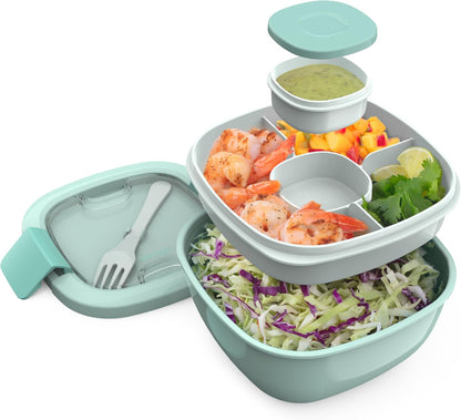 Salad Container, Lunch Bowl with 4-Compartment Toppings Tray, 54 oz