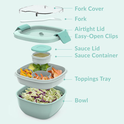 Salad Container, Lunch Bowl with 4-Compartment Toppings Tray, 54 oz