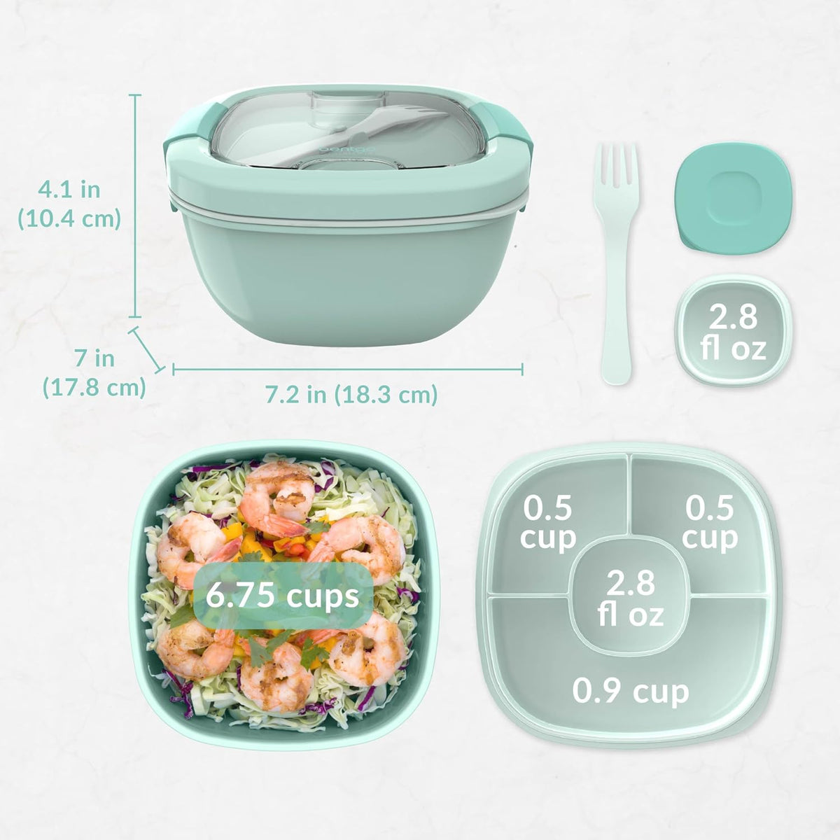 Salad Container, Lunch Bowl with 4-Compartment Toppings Tray, 54 oz