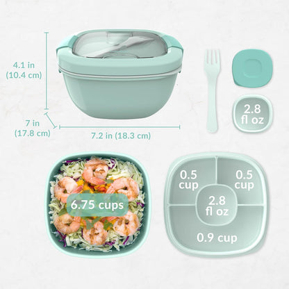 Salad Container, Lunch Bowl with 4-Compartment Toppings Tray, 54 oz