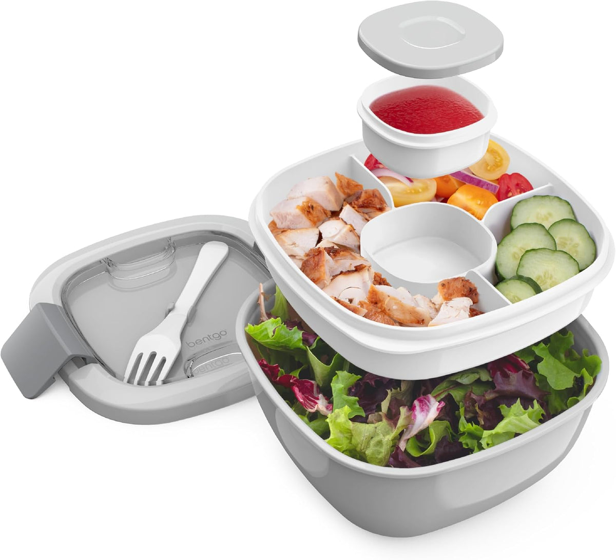 Salad Container, Lunch Bowl with 4-Compartment Toppings Tray, 54 oz
