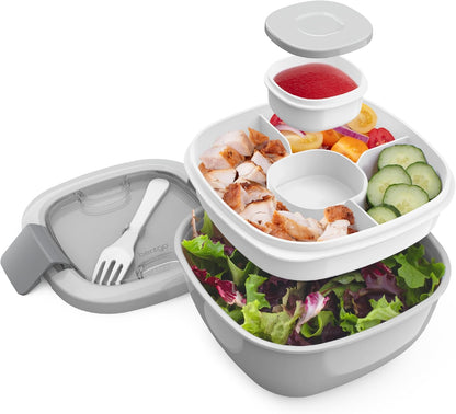 Salad Container, Lunch Bowl with 4-Compartment Toppings Tray, 54 oz