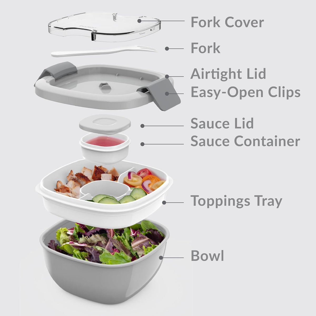 Salad Container, Lunch Bowl with 4-Compartment Toppings Tray, 54 oz