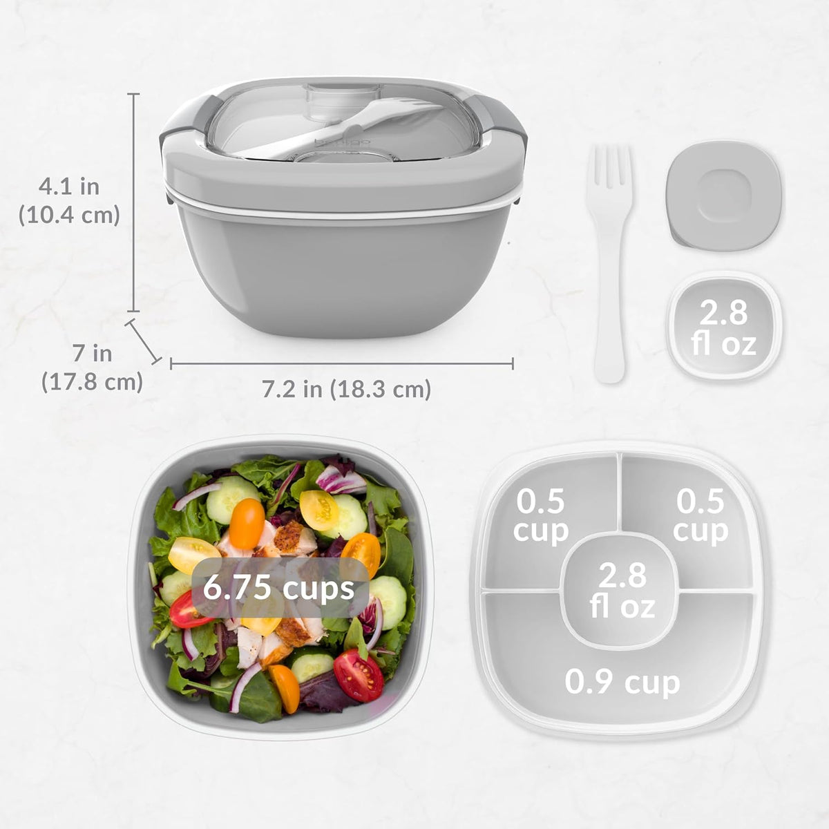 Salad Container, Lunch Bowl with 4-Compartment Toppings Tray, 54 oz