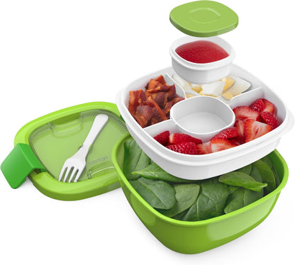 Salad Container, Lunch Bowl with 4-Compartment Toppings Tray, 54 oz