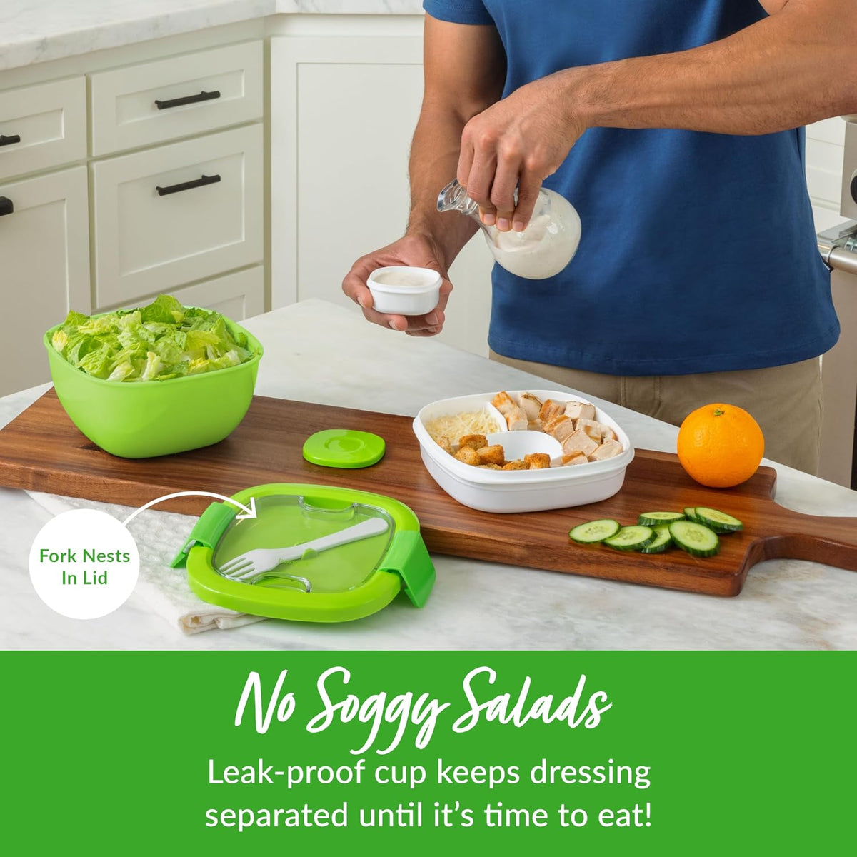 Salad Container, Lunch Bowl with 4-Compartment Toppings Tray, 54 oz