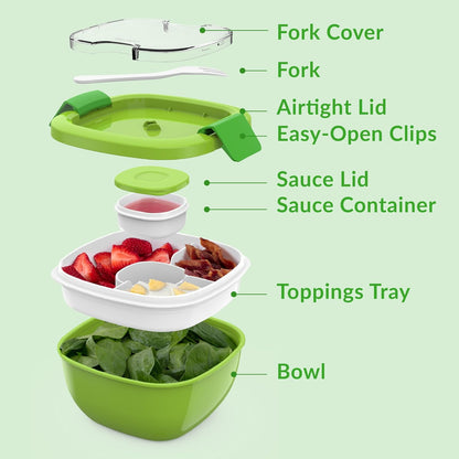 Salad Container, Lunch Bowl with 4-Compartment Toppings Tray, 54 oz