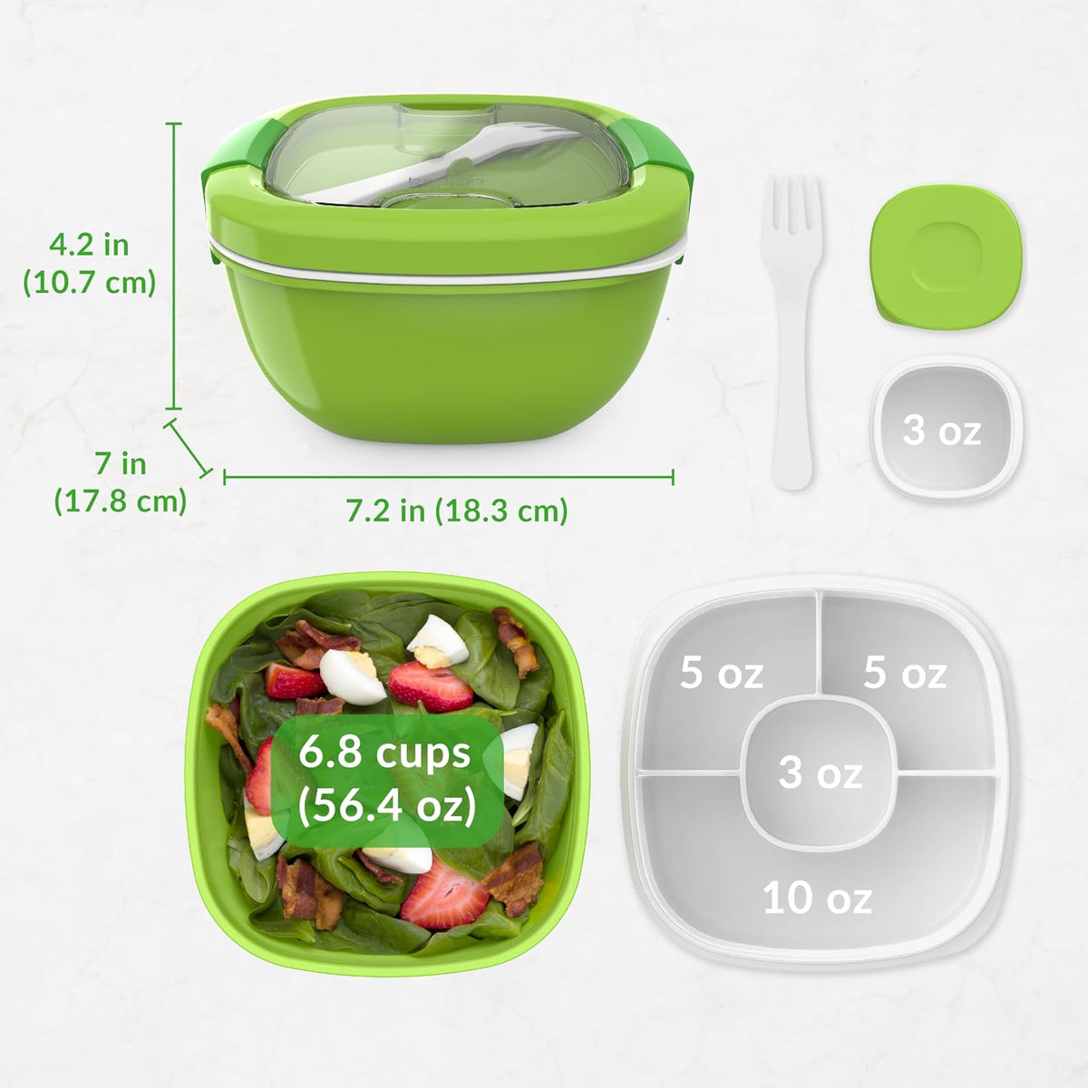Salad Container, Lunch Bowl with 4-Compartment Toppings Tray, 54 oz