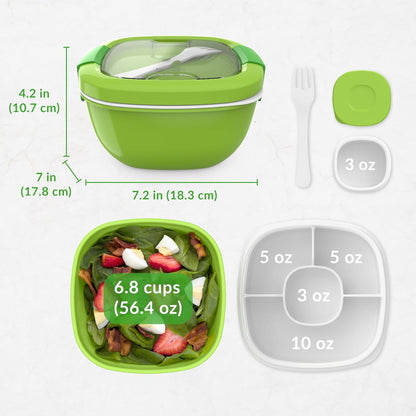 Salad Container, Lunch Bowl with 4-Compartment Toppings Tray, 54 oz
