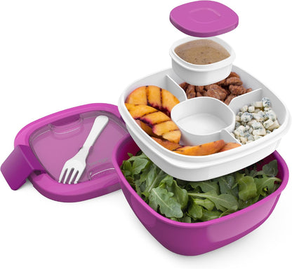Salad Container, Lunch Bowl with 4-Compartment Toppings Tray, 54 oz