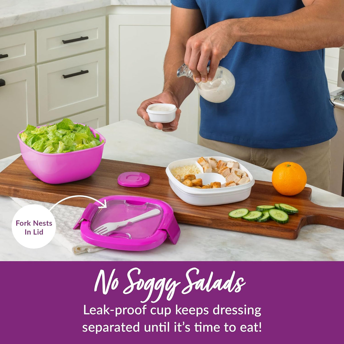 Salad Container, Lunch Bowl with 4-Compartment Toppings Tray, 54 oz