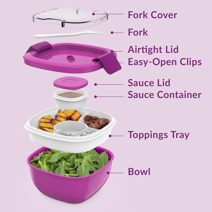 Salad Container, Lunch Bowl with 4-Compartment Toppings Tray, 54 oz