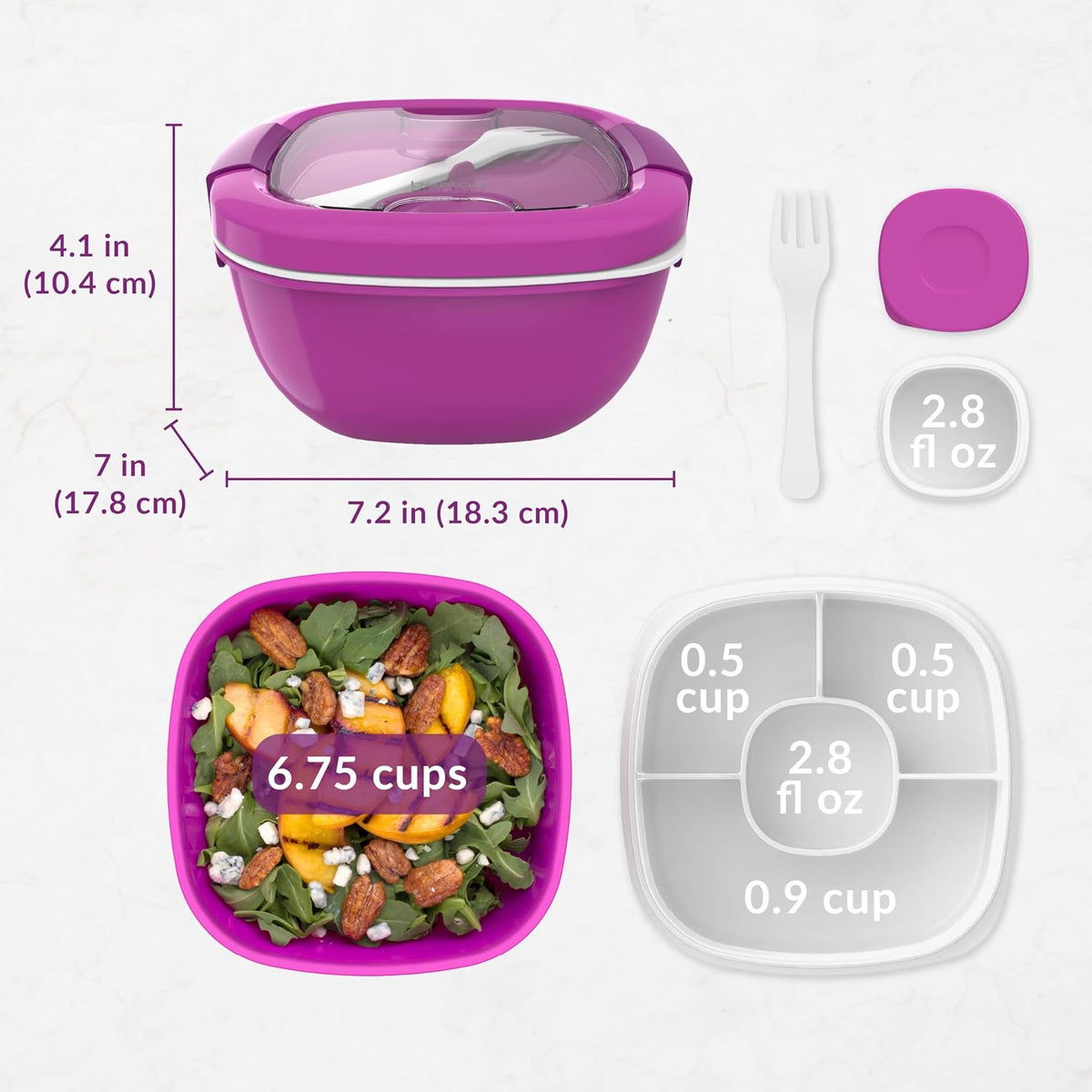 Salad Container, Lunch Bowl with 4-Compartment Toppings Tray, 54 oz